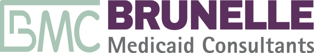 Logo for Brunelle Medicaid Consultants. The left side shows a stylized BMC in white and light green, while the right side reads BRUNELLE Medicaid Consultants in purple and green text.