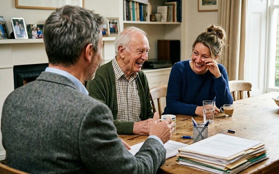 Three People Sit At A Table With Paperwork, Laughing And Talking. An Older Man In A Sweater, A Woman With A Ponytail, And A Man In A Suit Appear Relaxed In A Cozy, Well-lit Home With Family Photos On The Mantel.