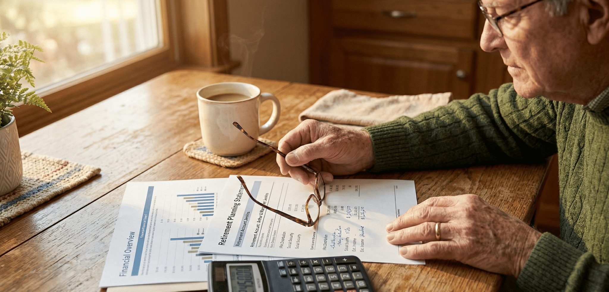 An Elderly Man Sits At A Wooden Table Reviewing Financial Documents With Charts And Graphs, Holding His Glasses. A Calculator And A Coffee Mug Are Nearby, With Sunlight Streaming In From A Window.