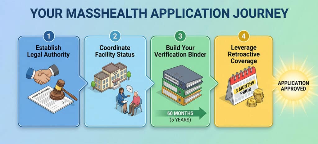 A four-step infographic titled Your MassHealth Application Journey, showing: 1) Establish Legal Authority with a gavel, 2) Coordinate Facility Status with people at a table, 3) Build Your Verification Binder, and 4) Leverage Retroactive Coverage.